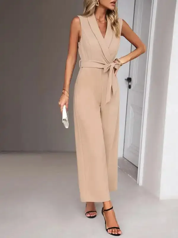 New women’s elegant V-neck tie commuter sleeveless jumpsuit