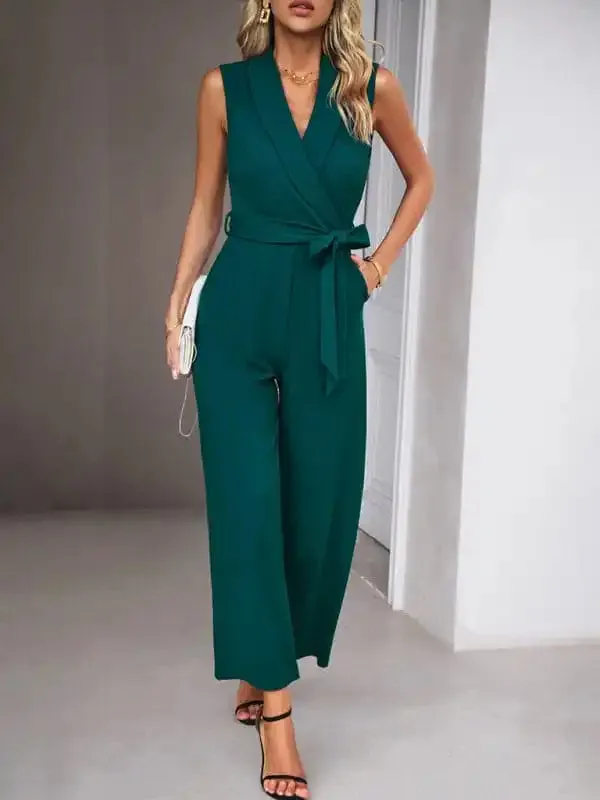 New women’s elegant V-neck tie commuter sleeveless jumpsuit