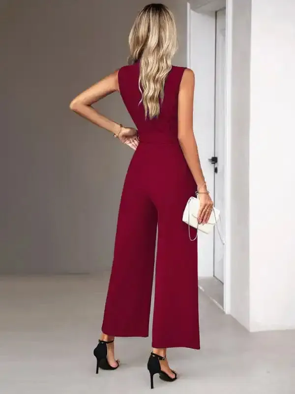 New women’s elegant V-neck tie commuter sleeveless jumpsuit