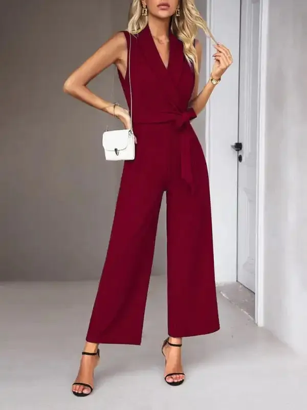 New women’s elegant V-neck tie commuter sleeveless jumpsuit