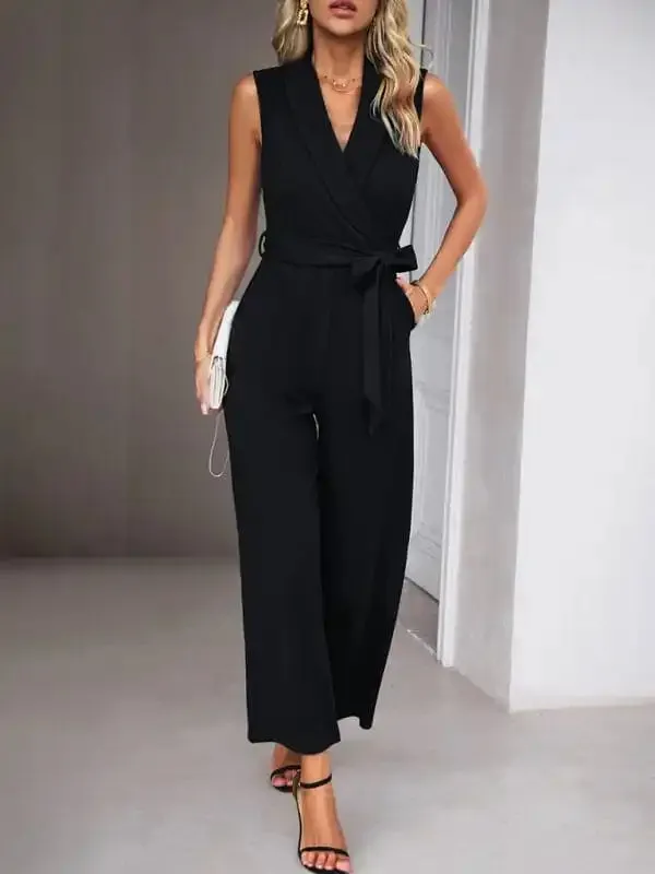 New women’s elegant V-neck tie commuter sleeveless jumpsuit