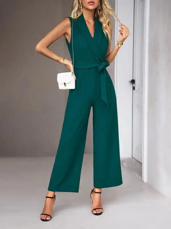 New women’s elegant V-neck tie commuter sleeveless jumpsuit