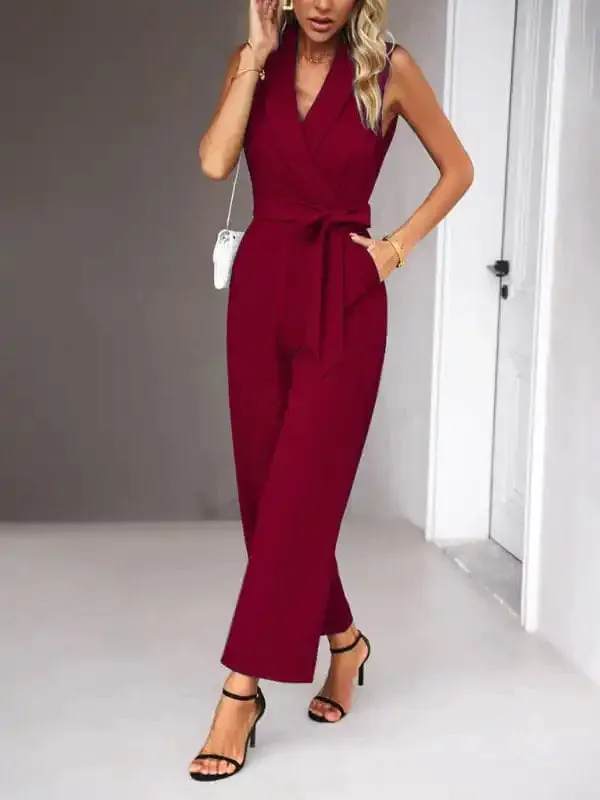 New women’s elegant V-neck tie commuter sleeveless jumpsuit