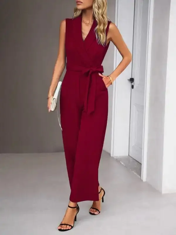 New women’s elegant V-neck tie commuter sleeveless jumpsuit