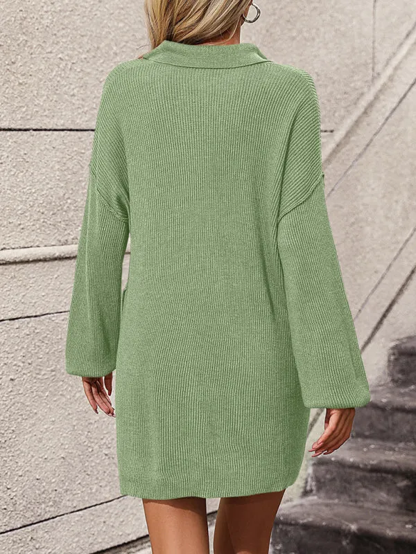 New women's solid color lapel button sweater mid-length coat sweater