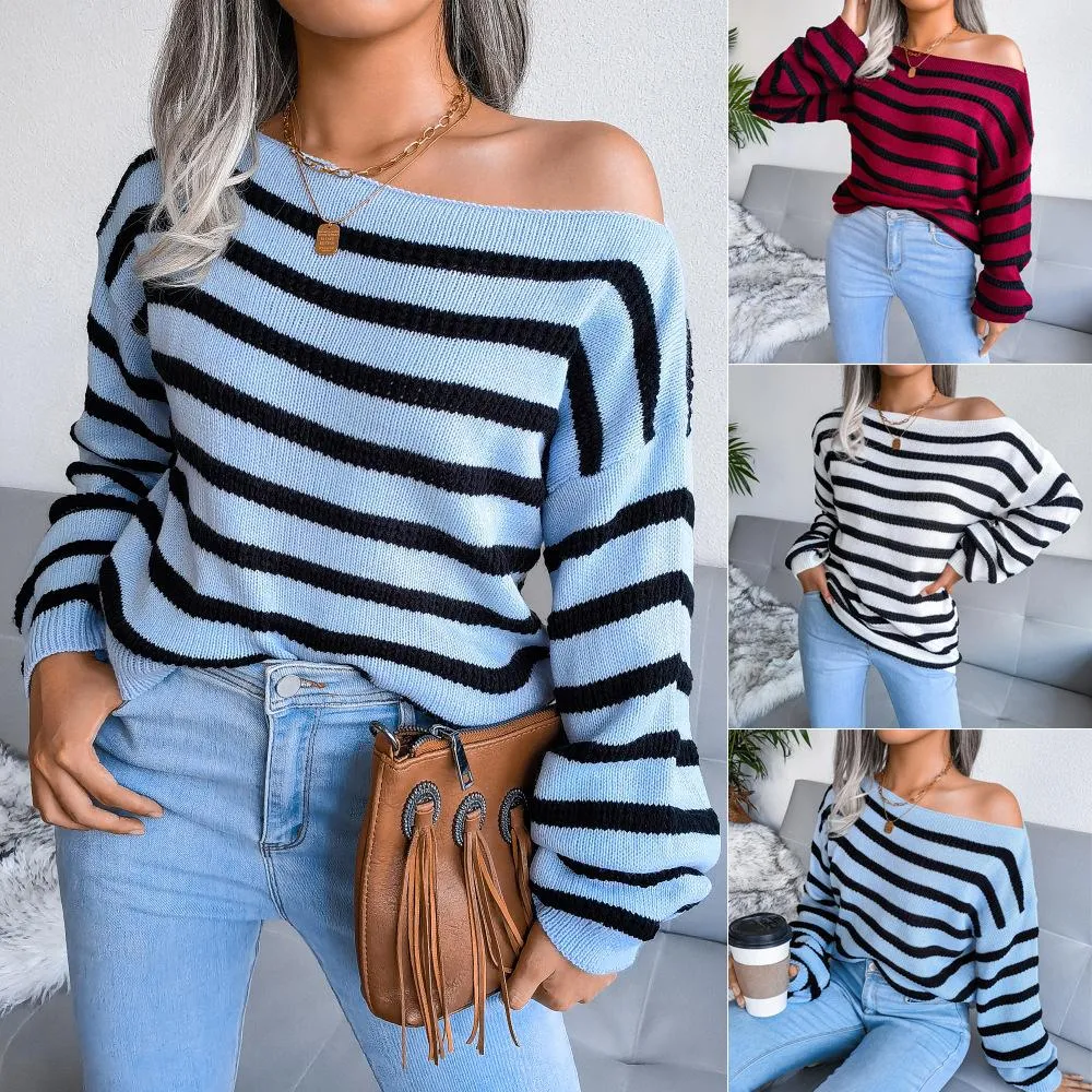 One-neck off-the-shoulder casual loose striped knitted sweater