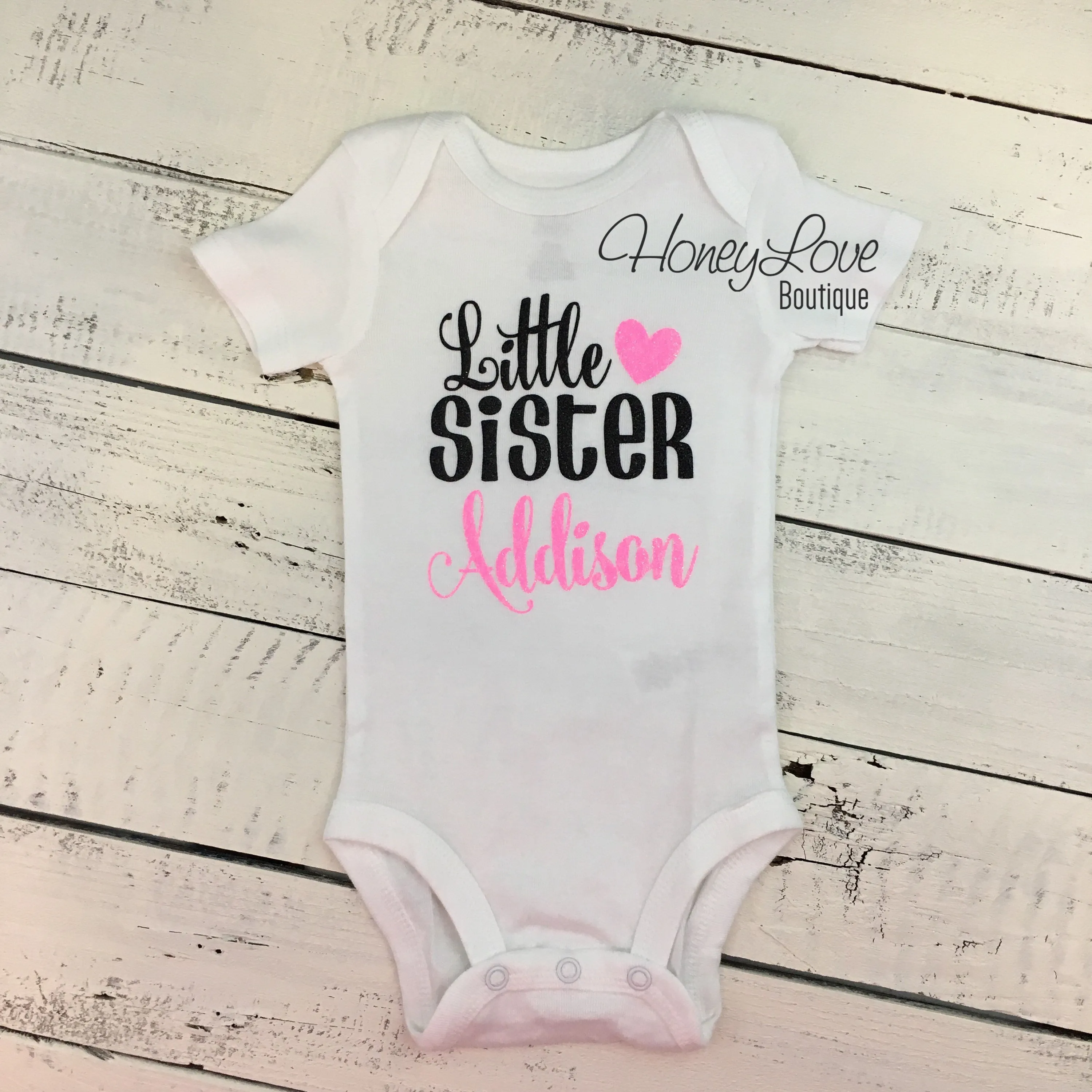 PERSONALIZED Sister Bodysuits and Shirts - Neon Pink Glitter and Black