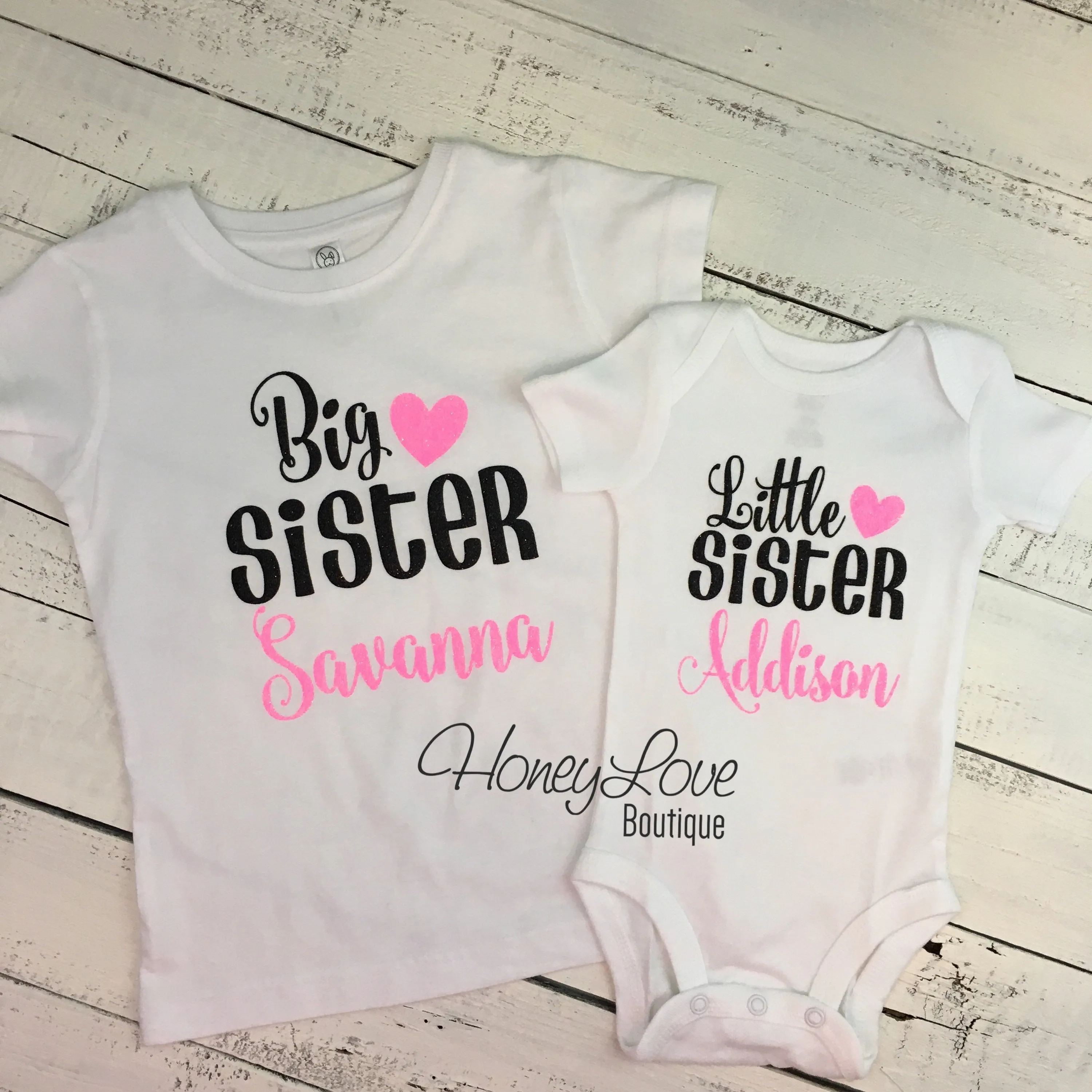 PERSONALIZED Sister Bodysuits and Shirts - Neon Pink Glitter and Black