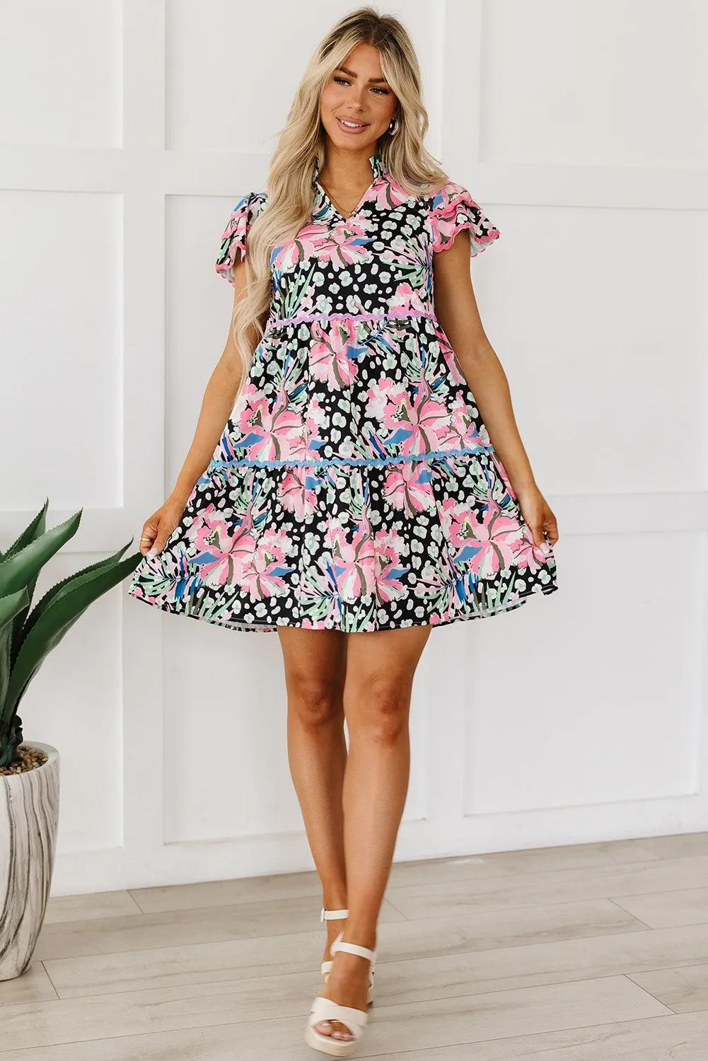 Pink Floral Short Sleeve Tiered Mini Dress for Summer