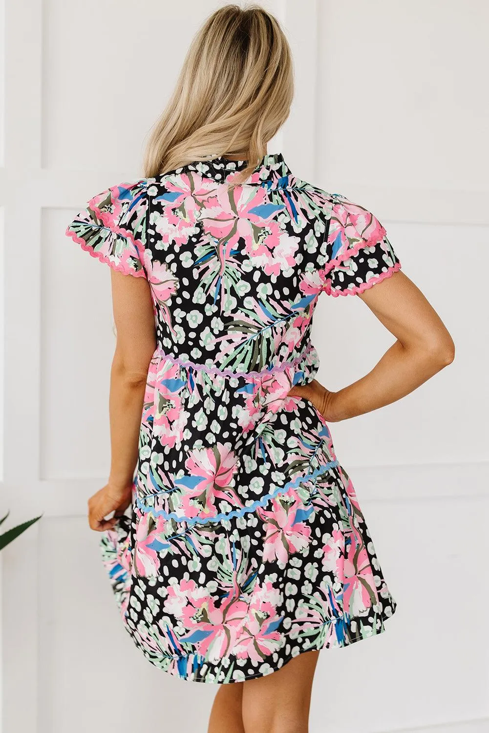 Pink Floral Short Sleeve Tiered Mini Dress for Summer