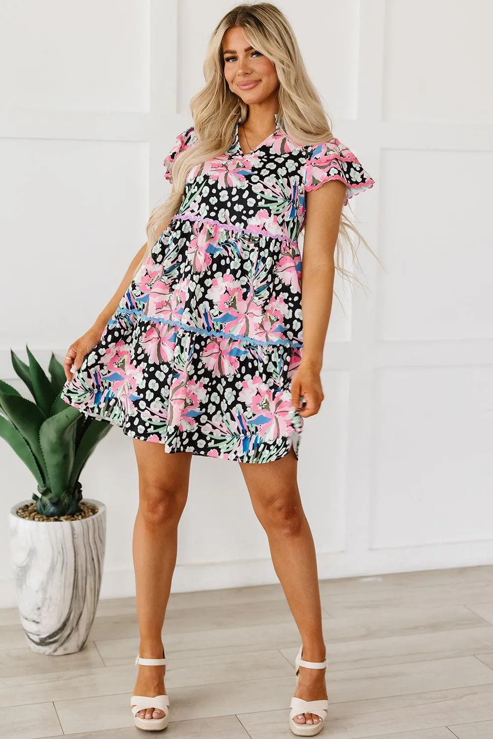 Pink Floral Short Sleeve Tiered Mini Dress for Summer