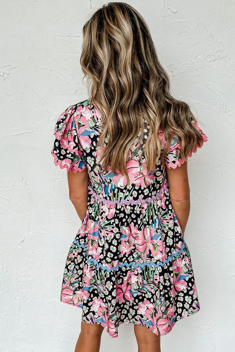 Pink Floral Short Sleeve Tiered Mini Dress for Summer