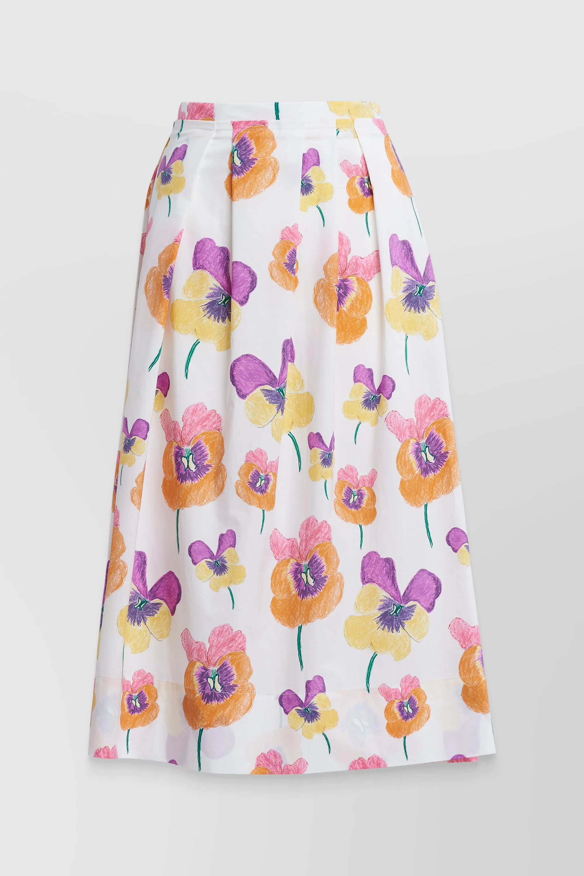 Pleated cotton midi-skirt with pansies flower print