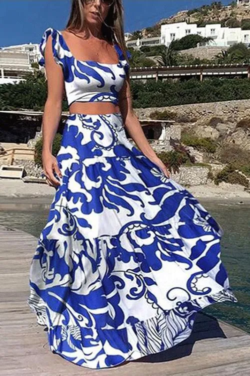 Print Bow Tie Crop Maxi Skirts Set