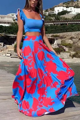 Print Bow Tie Crop Maxi Skirts Set