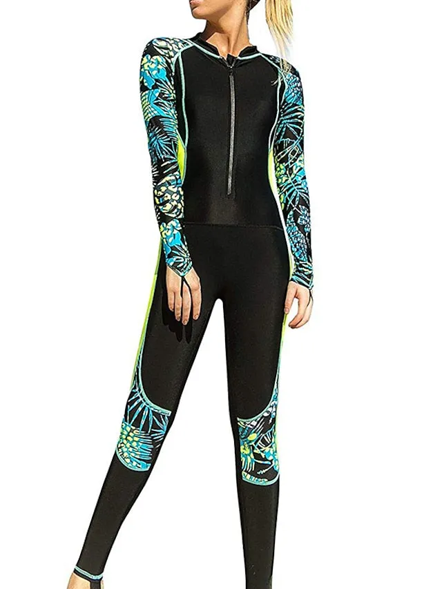 SBART Women's Rash Guard Dive Skin Suit UV Sun Protection UPF50  Breathable Full Body Swimsuit Front Zip Swimming Diving Surfing Snorkeling Leaves Print Spring, Fall, Winter, Summer / Stretchy