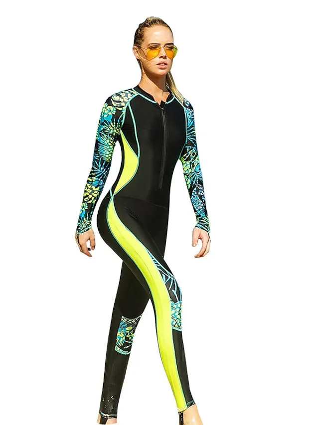 SBART Women's Rash Guard Dive Skin Suit UV Sun Protection UPF50  Breathable Full Body Swimsuit Front Zip Swimming Diving Surfing Snorkeling Leaves Print Spring, Fall, Winter, Summer / Stretchy