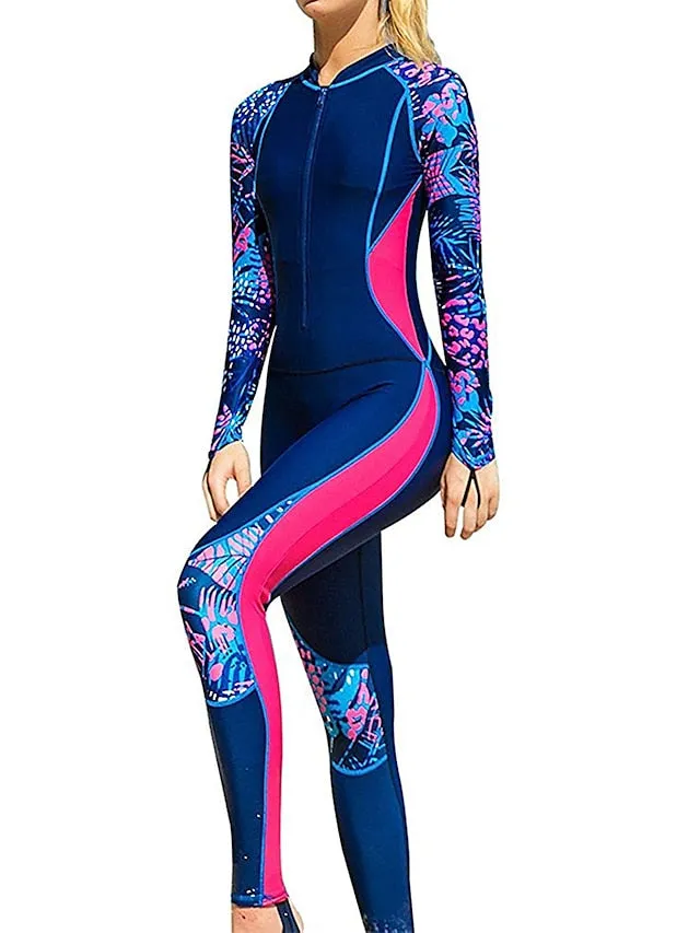 SBART Women's Rash Guard Dive Skin Suit UV Sun Protection UPF50  Breathable Full Body Swimsuit Front Zip Swimming Diving Surfing Snorkeling Leaves Print Spring, Fall, Winter, Summer / Stretchy