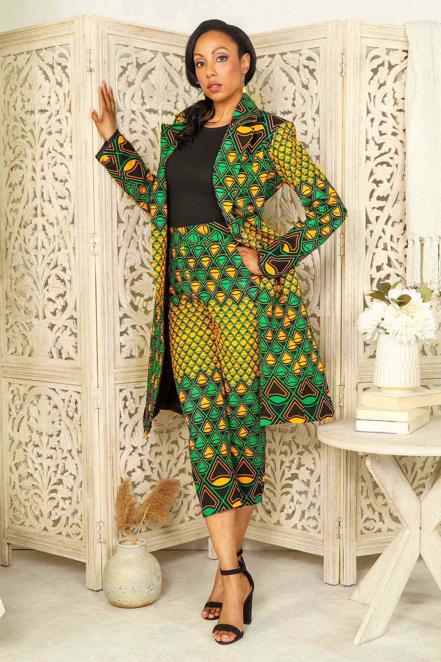 SEIDA African Print Long Blazer (Green/Yellow/Black Pattern)