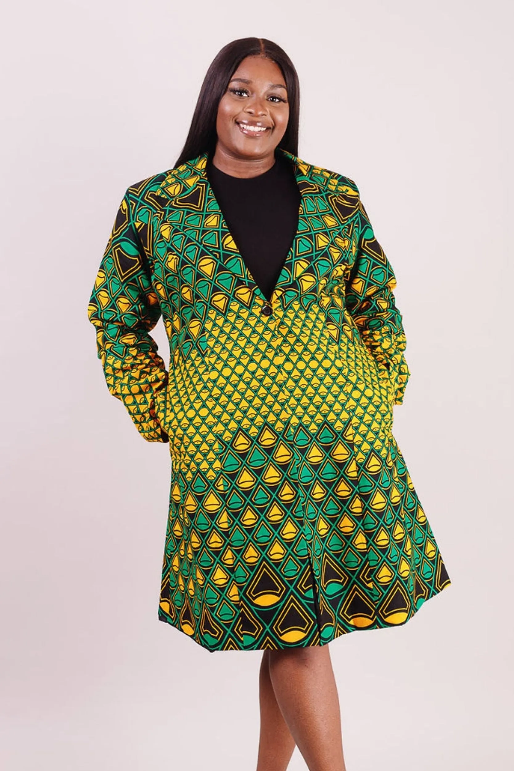 SEIDA African Print Long Blazer (Green/Yellow/Black Pattern)