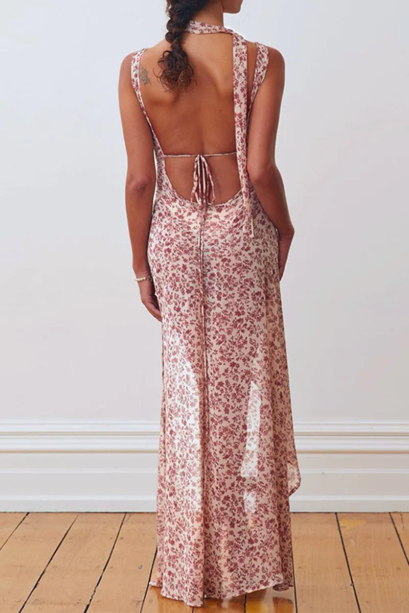 Sexy Floral Bandage Backless Slit V Neck Dresses