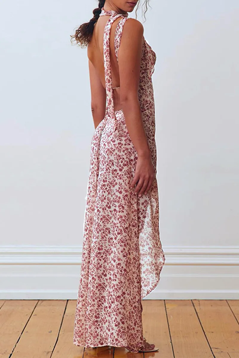 Sexy Floral Bandage Backless Slit V Neck Dresses