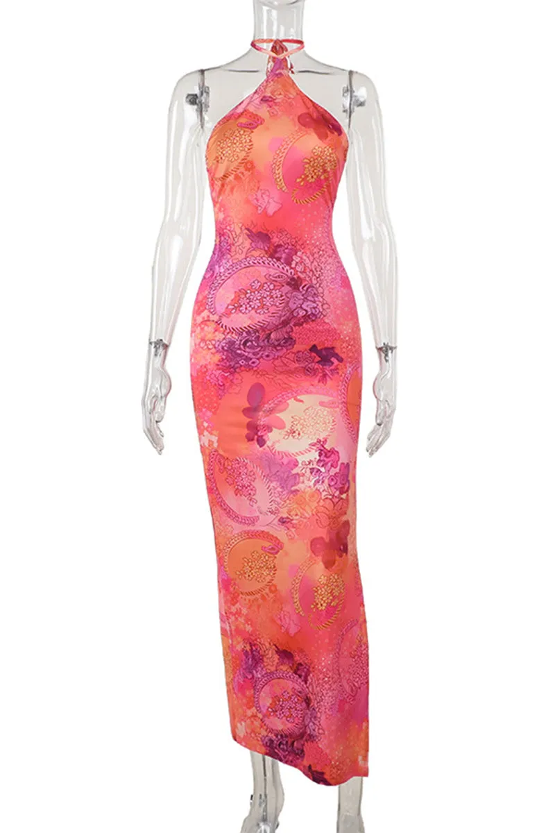 Sexy Floral Print Slit Halter Printed Dresses