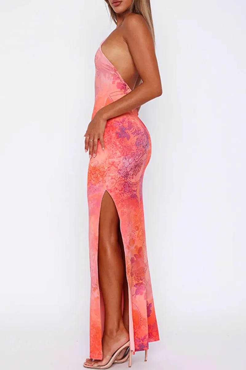 Sexy Floral Print Slit Halter Printed Dresses