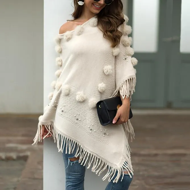 Shawl fringed cloak hair ball beaded round neck sweater women