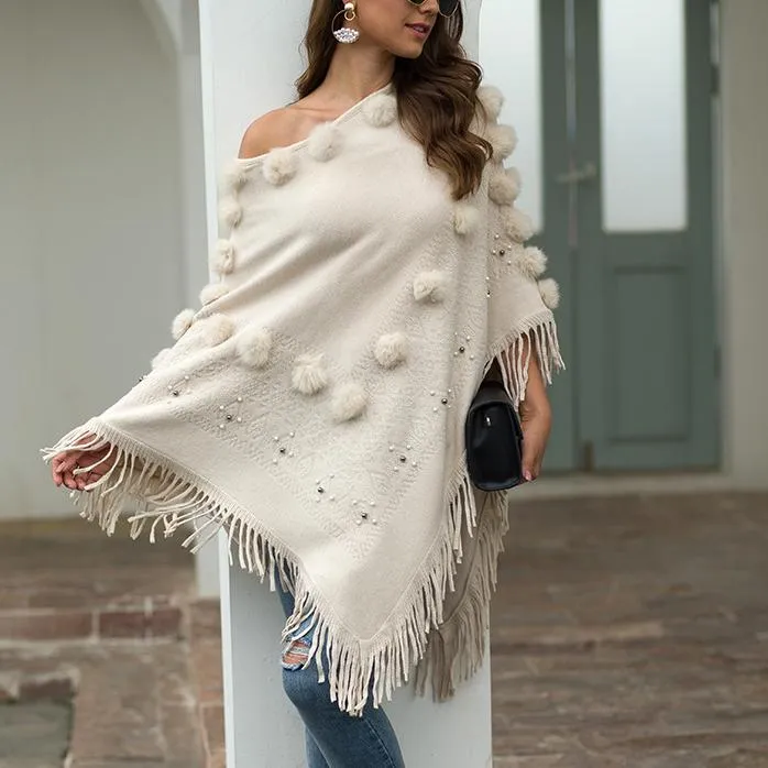 Shawl fringed cloak hair ball beaded round neck sweater women