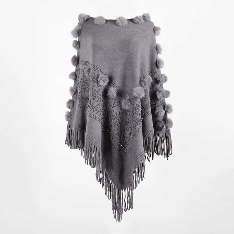 Shawl fringed cloak hair ball beaded round neck sweater women