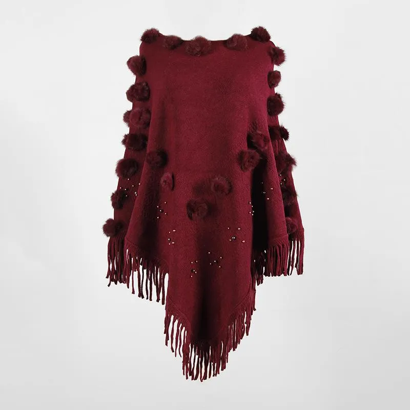 Shawl fringed cloak hair ball beaded round neck sweater women