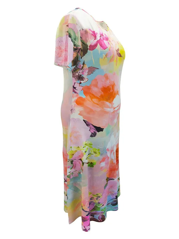 Short Sleeves Floral Printed Round-neck Midi Dresses