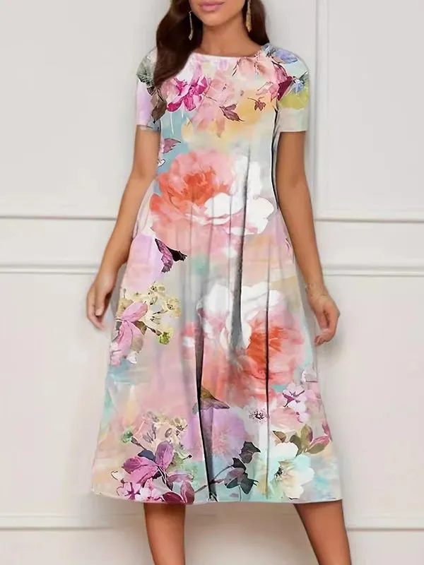 Short Sleeves Floral Printed Round-neck Midi Dresses