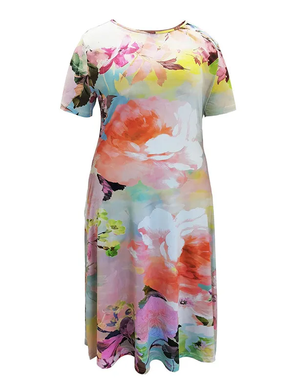 Short Sleeves Floral Printed Round-neck Midi Dresses