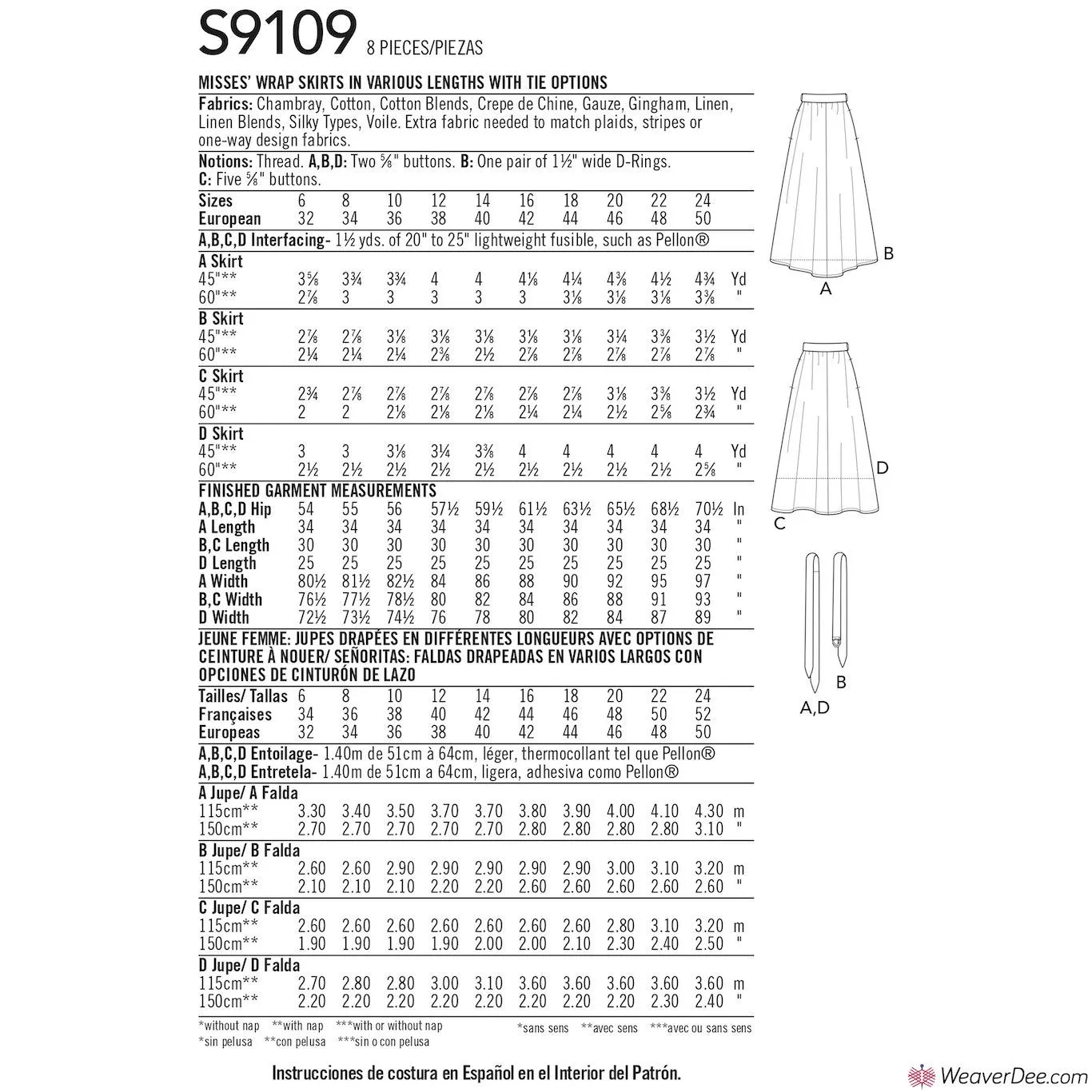 Simplicity Pattern S9109 Misses' Wrap Skirts In Various Lengths With Tie Options