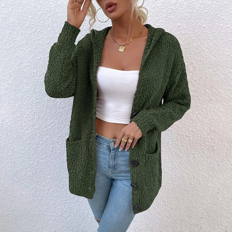 Single-breasted buttoned hooded sweater cardigan