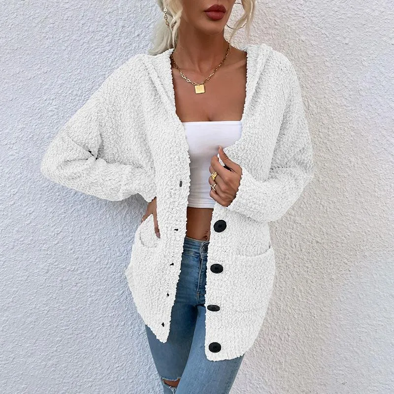 Single-breasted buttoned hooded sweater cardigan