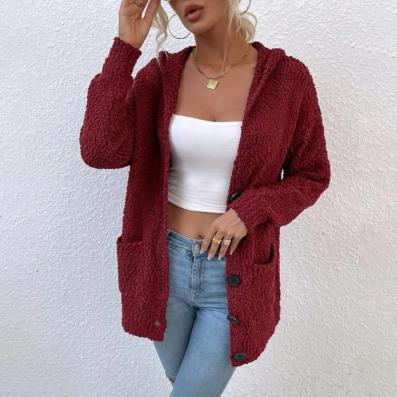 Single-breasted buttoned hooded sweater cardigan