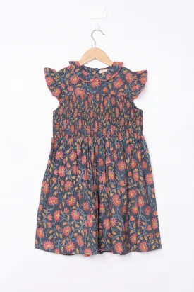 SMOCKED DARK BLUE FLORAL DRESS