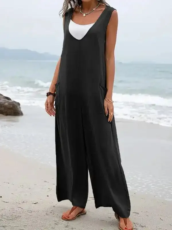 Solid color patch pocket fashion jumpsuit V-neck overalls wide-leg trousers