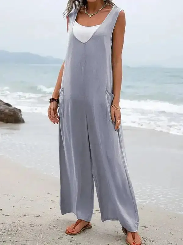 Solid color patch pocket fashion jumpsuit V-neck overalls wide-leg trousers