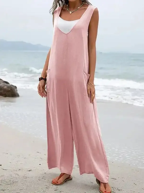 Solid color patch pocket fashion jumpsuit V-neck overalls wide-leg trousers