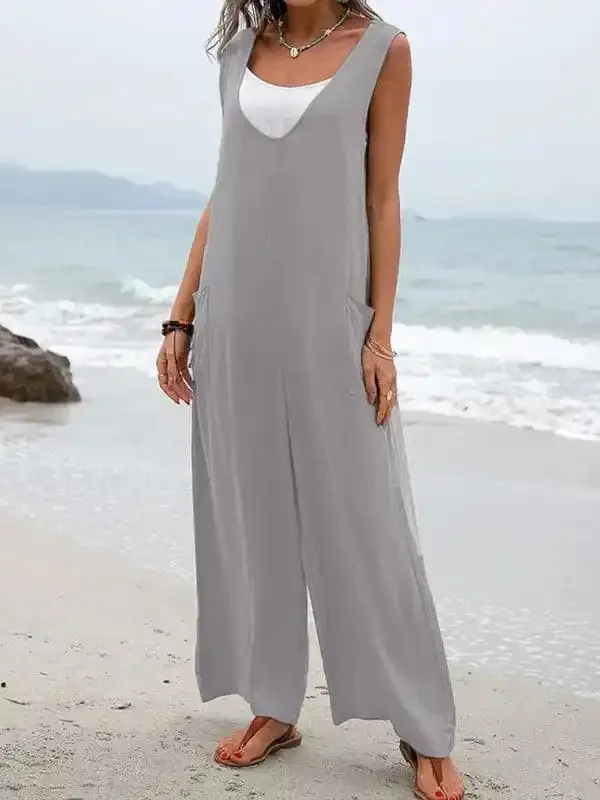 Solid color patch pocket fashion jumpsuit V-neck overalls wide-leg trousers