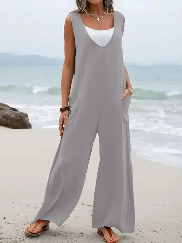 Solid color patch pocket fashion jumpsuit V-neck overalls wide-leg trousers