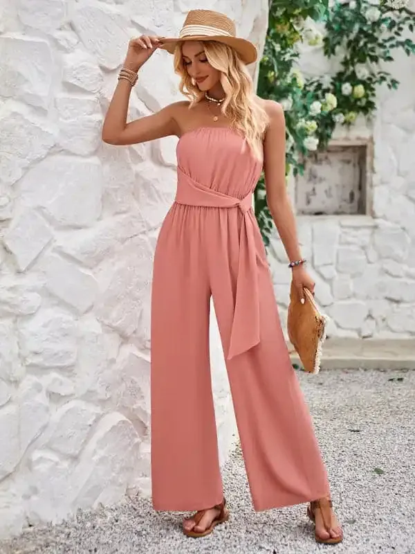 Solid color tube top and waist slim fit jumpsuit