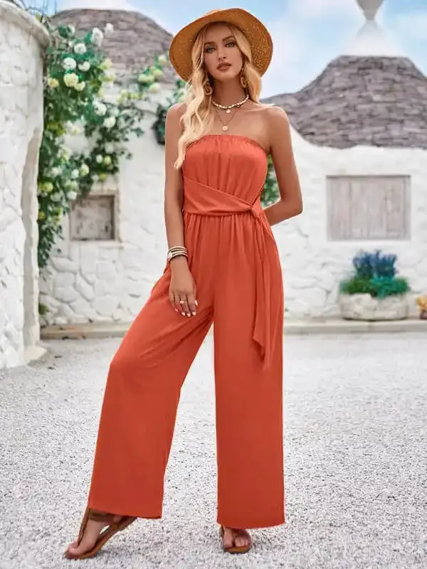 Solid color tube top and waist slim fit jumpsuit