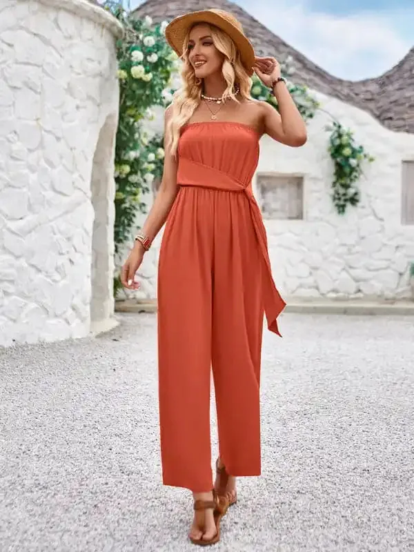 Solid color tube top and waist slim fit jumpsuit