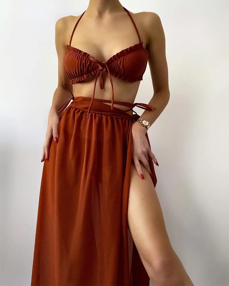 Solid Strap Bra With Long Skirts And Panties Sexy Sets