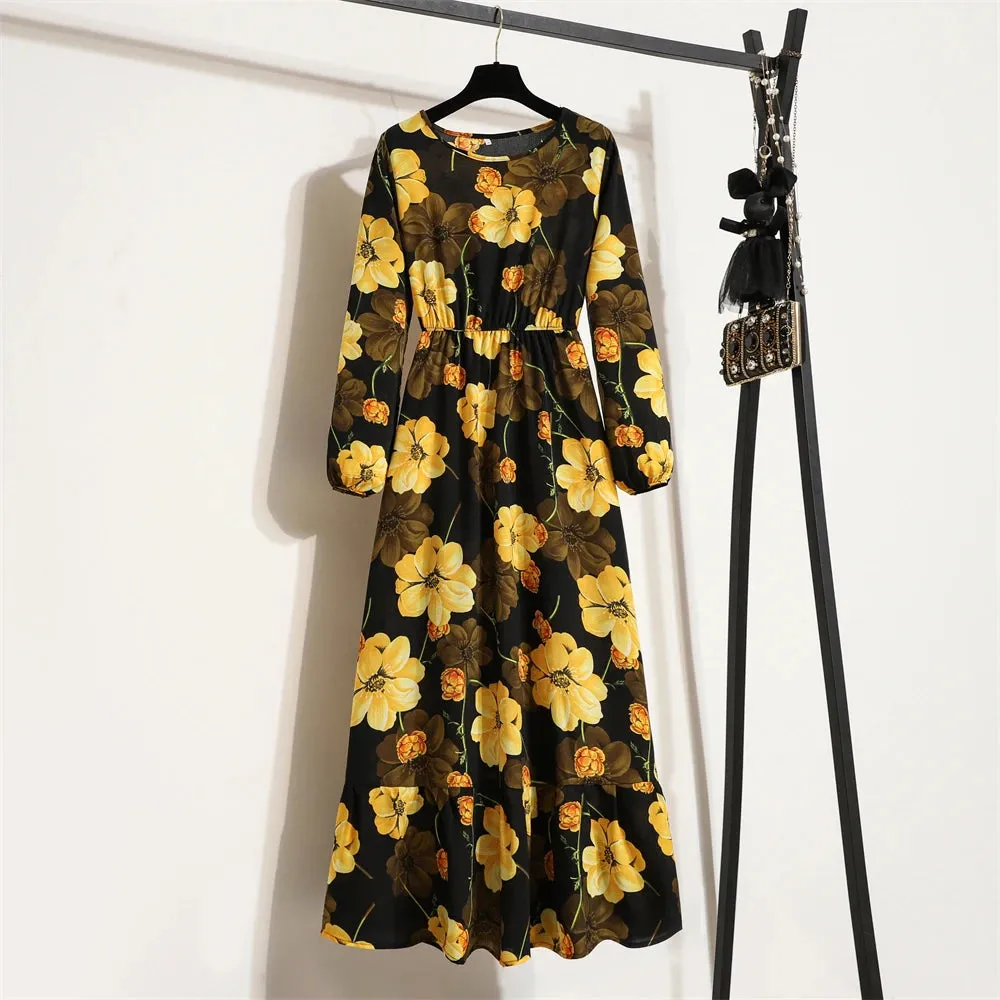 Spring Maxi Casual Full Floral Printed O-neck Woman Bohe Party Midi Dresses